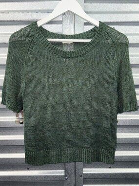 DRIES VAN NOTEN Green Linen Blend Short Sleeve Open Weave Knit Sweater Sz Medium